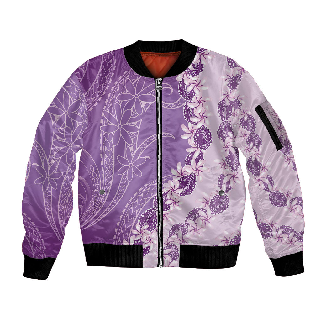 Heiva i Tahiti Sleeve Zip Bomber Jacket Tahitian Tiare Maori Cowrie Lei Purple
