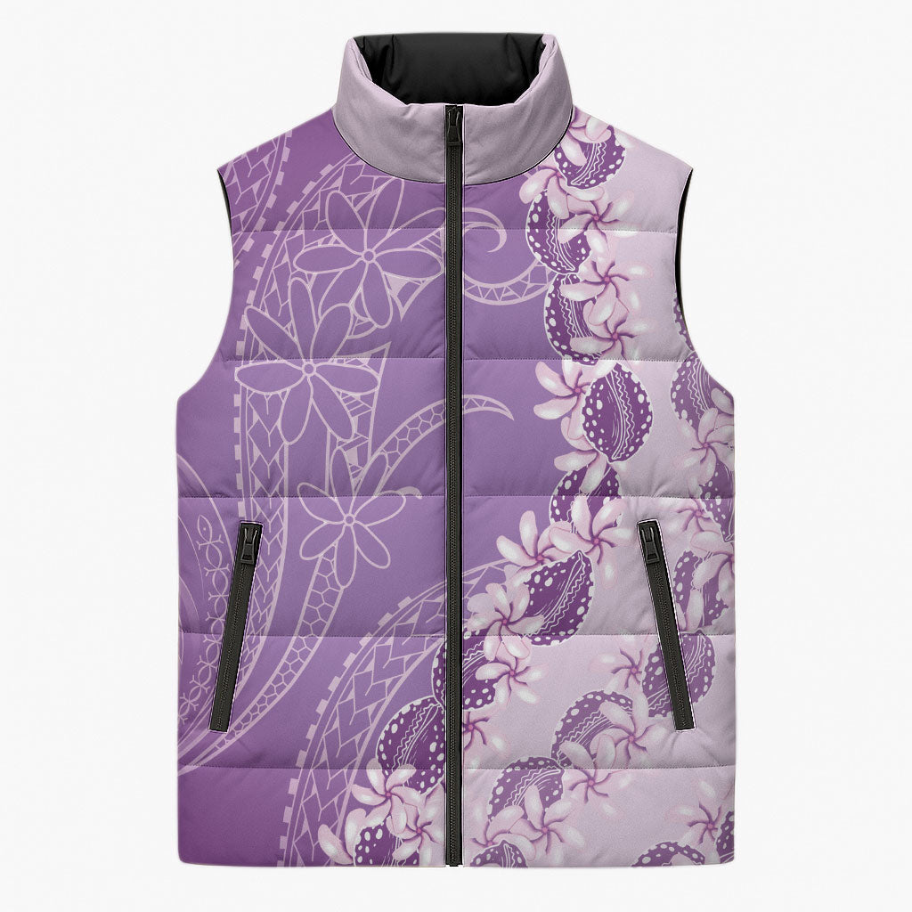 Heiva i Tahiti Sleeveless Puffer Jacket Tahitian Tiare Maori Cowrie Lei Purple