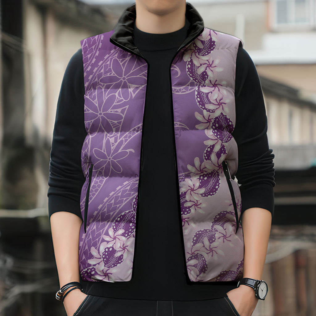 Heiva i Tahiti Sleeveless Puffer Jacket Tahitian Tiare Maori Cowrie Lei Purple