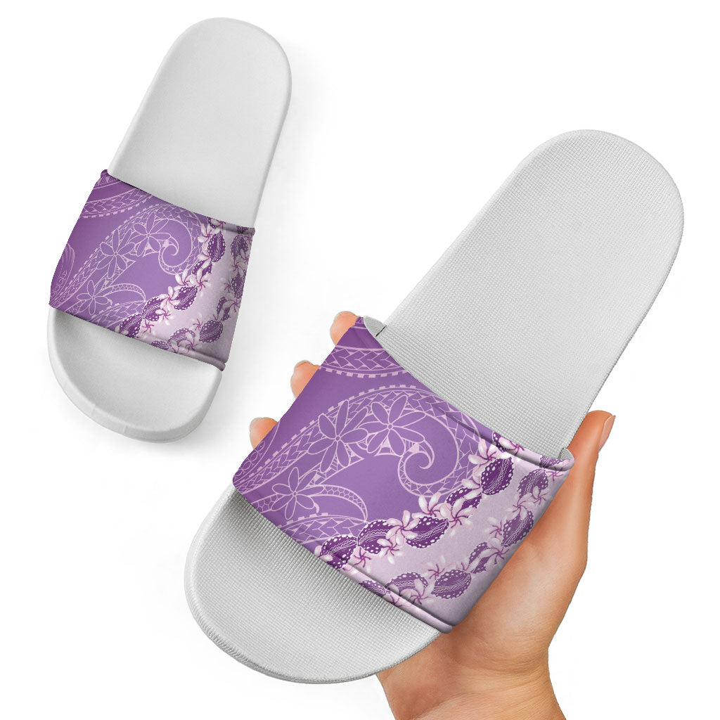 Heiva i Tahiti Slide Sandals Tahitian Tiare Maori Cowrie Lei Purple