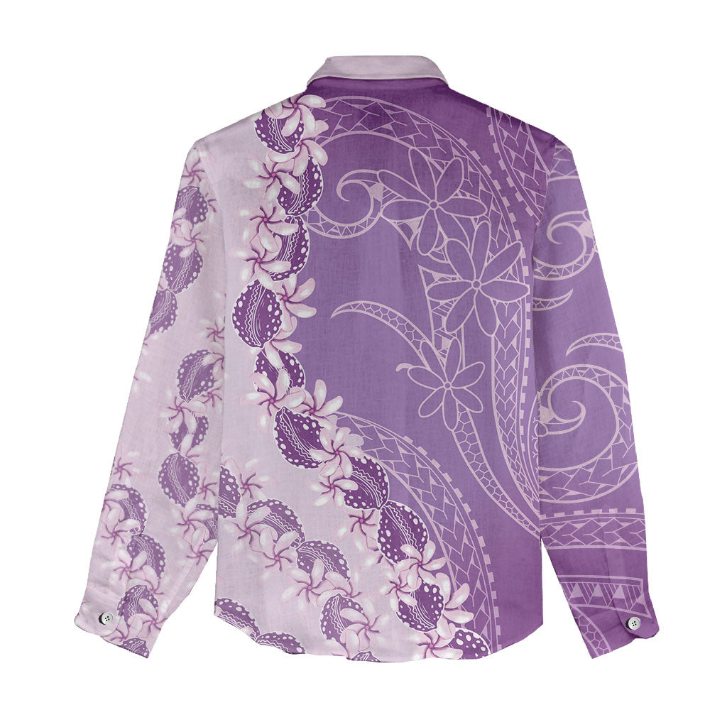 Heiva i Tahiti Women Casual Shirt Tahitian Tiare Maori Cowrie Lei Purple LT14 - Polynesian Pride