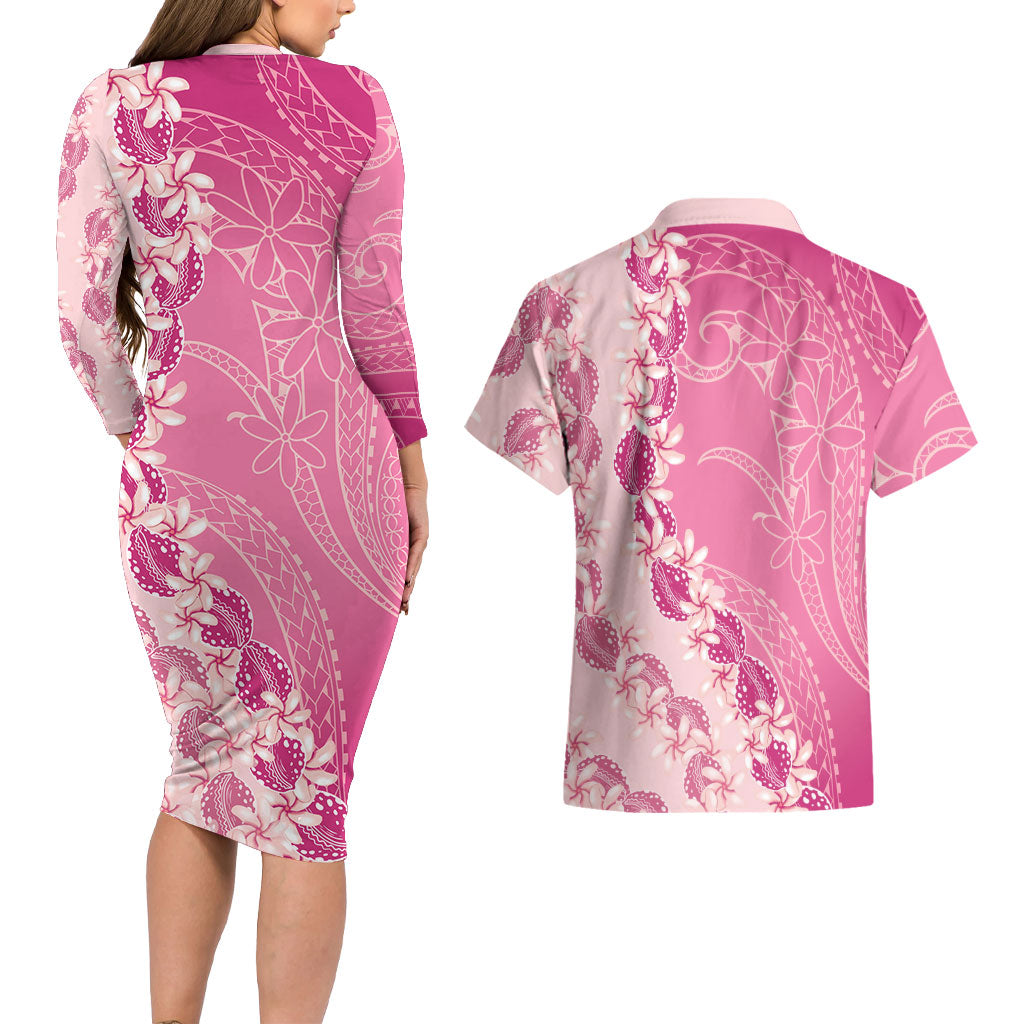 Heiva i Tahiti Couples Matching Long Sleeve Bodycon Dress and Hawaiian Shirt Tahitian Tiare Maori Cowrie Lei Pink LT14 - Polynesian Pride