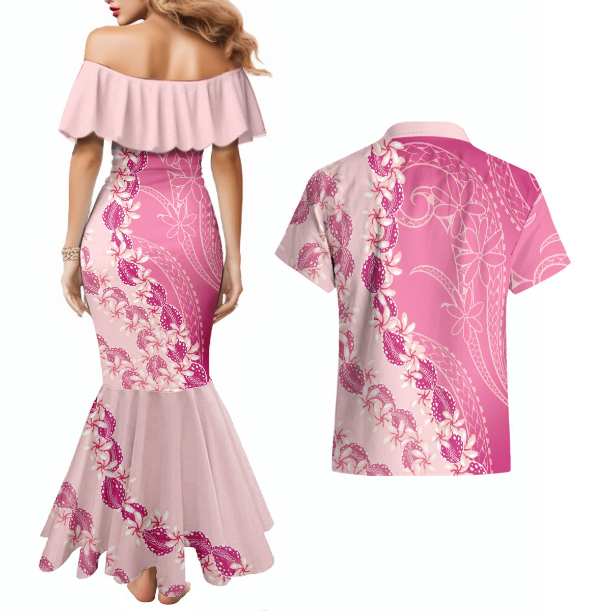 Heiva i Tahiti Couples Matching Mermaid Dress and Hawaiian Shirt Tahitian Tiare Maori Cowrie Lei Pink LT14 - Polynesian Pride