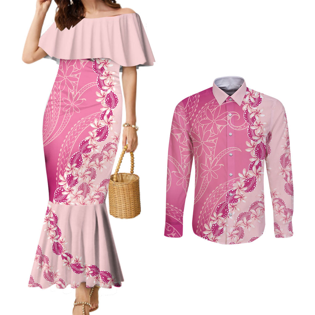 Heiva i Tahiti Couples Matching Mermaid Dress and Long Sleeve Button Shirt Tahitian Tiare Maori Cowrie Lei Pink LT14 Pink - Polynesian Pride