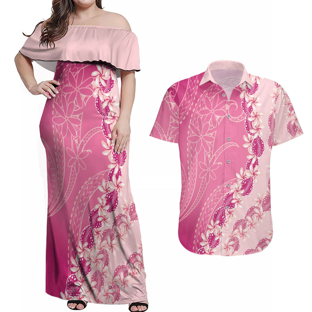 Heiva i Tahiti Couples Matching Off Shoulder Maxi Dress and Hawaiian Shirt Tahitian Tiare Maori Cowrie Lei Pink