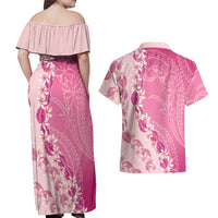 Heiva i Tahiti Couples Matching Off Shoulder Maxi Dress and Hawaiian Shirt Tahitian Tiare Maori Cowrie Lei Pink LT14 - Polynesian Pride