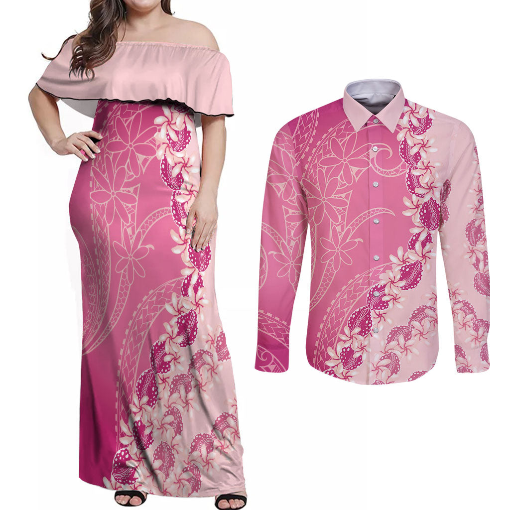 Heiva i Tahiti Couples Matching Off Shoulder Maxi Dress and Long Sleeve Button Shirt Tahitian Tiare Maori Cowrie Lei Pink