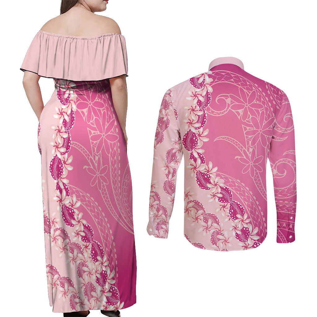 Heiva i Tahiti Couples Matching Off Shoulder Maxi Dress and Long Sleeve Button Shirt Tahitian Tiare Maori Cowrie Lei Pink LT14 - Polynesian Pride