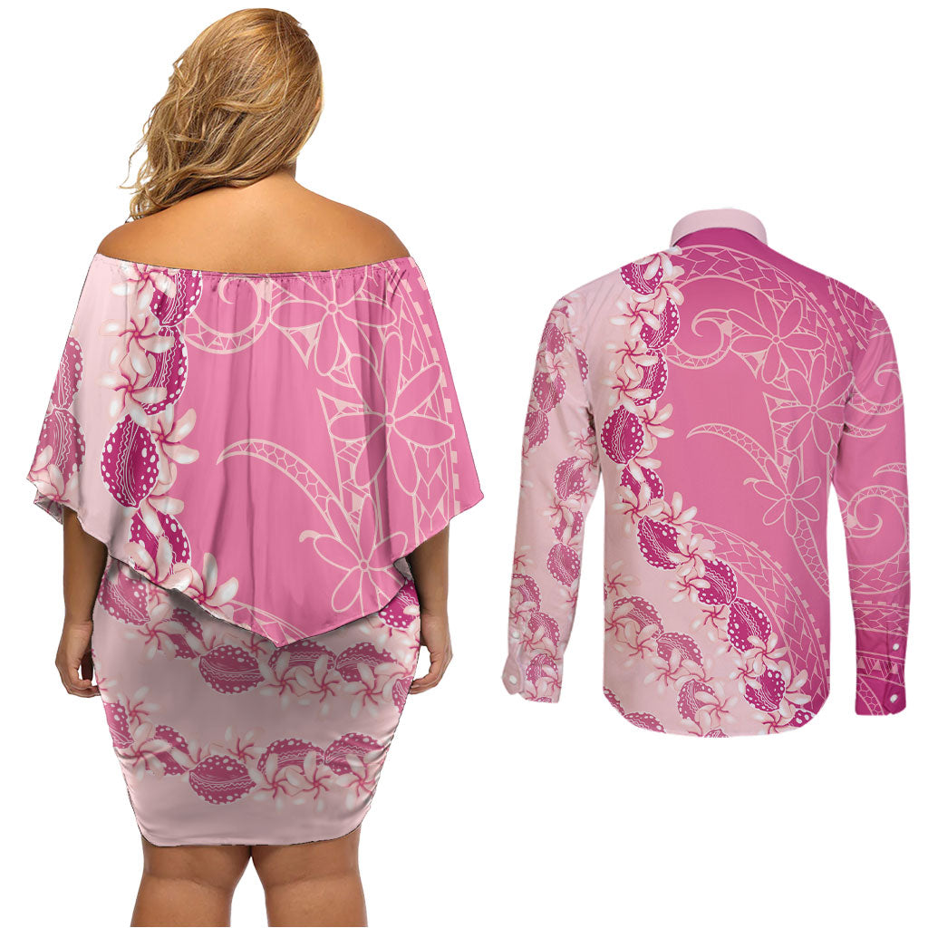 Heiva i Tahiti Couples Matching Off Shoulder Short Dress and Long Sleeve Button Shirt Tahitian Tiare Maori Cowrie Lei Pink LT14 - Polynesian Pride