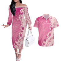Heiva i Tahiti Couples Matching Off The Shoulder Long Sleeve Dress and Hawaiian Shirt Tahitian Tiare Maori Cowrie Lei Pink LT14 Pink - Polynesian Pride