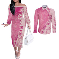 Heiva i Tahiti Couples Matching Off The Shoulder Long Sleeve Dress and Long Sleeve Button Shirt Tahitian Tiare Maori Cowrie Lei Pink LT14 Pink - Polynesian Pride