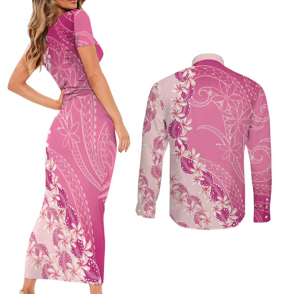 Heiva i Tahiti Couples Matching Short Sleeve Bodycon Dress and Long Sleeve Button Shirt Tahitian Tiare Maori Cowrie Lei Pink LT14 - Polynesian Pride
