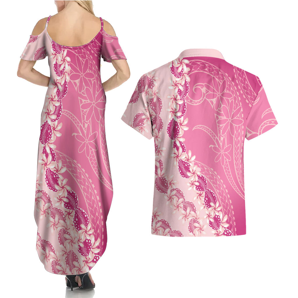 Heiva i Tahiti Couples Matching Summer Maxi Dress and Hawaiian Shirt Tahitian Tiare Maori Cowrie Lei Pink LT14 - Polynesian Pride