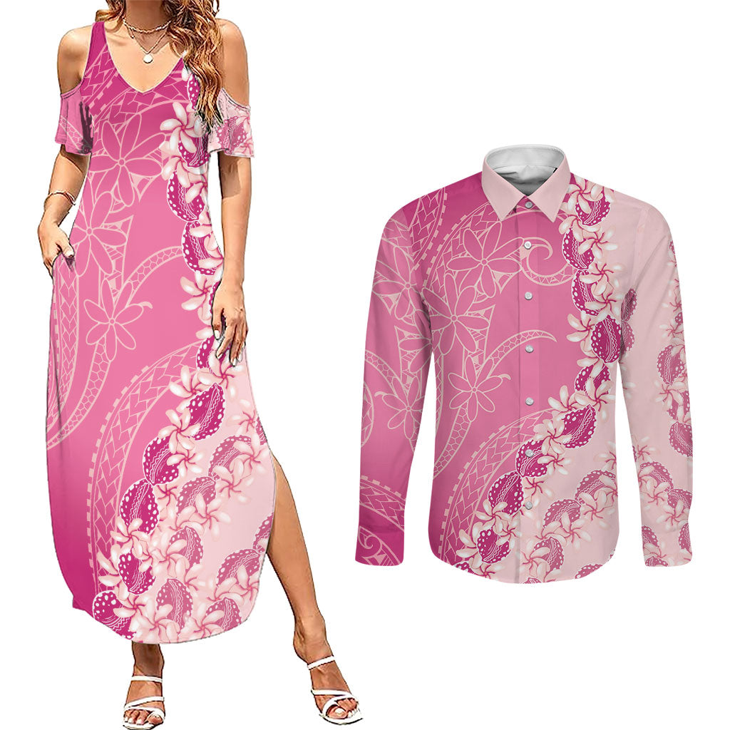 Heiva i Tahiti Couples Matching Summer Maxi Dress and Long Sleeve Button Shirt Tahitian Tiare Maori Cowrie Lei Pink LT14 Pink - Polynesian Pride