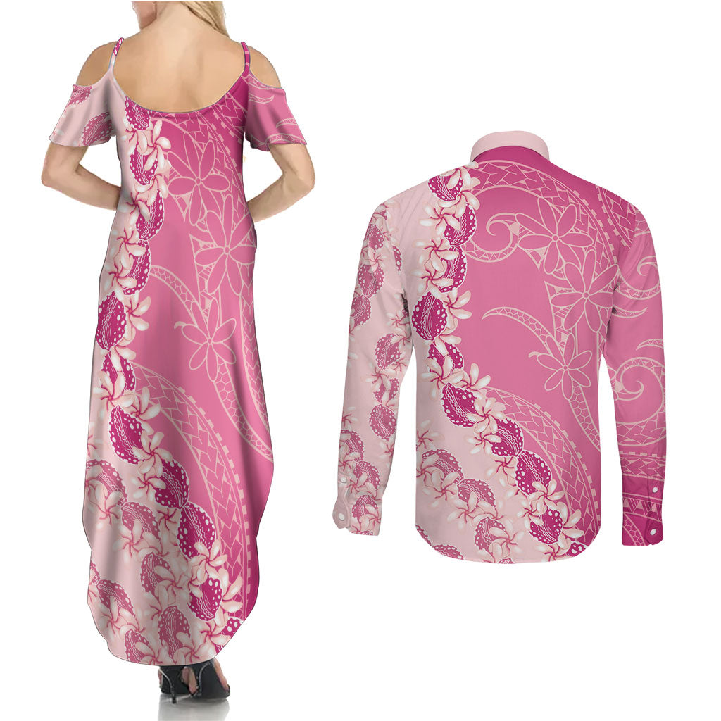 Heiva i Tahiti Couples Matching Summer Maxi Dress and Long Sleeve Button Shirt Tahitian Tiare Maori Cowrie Lei Pink LT14 - Polynesian Pride