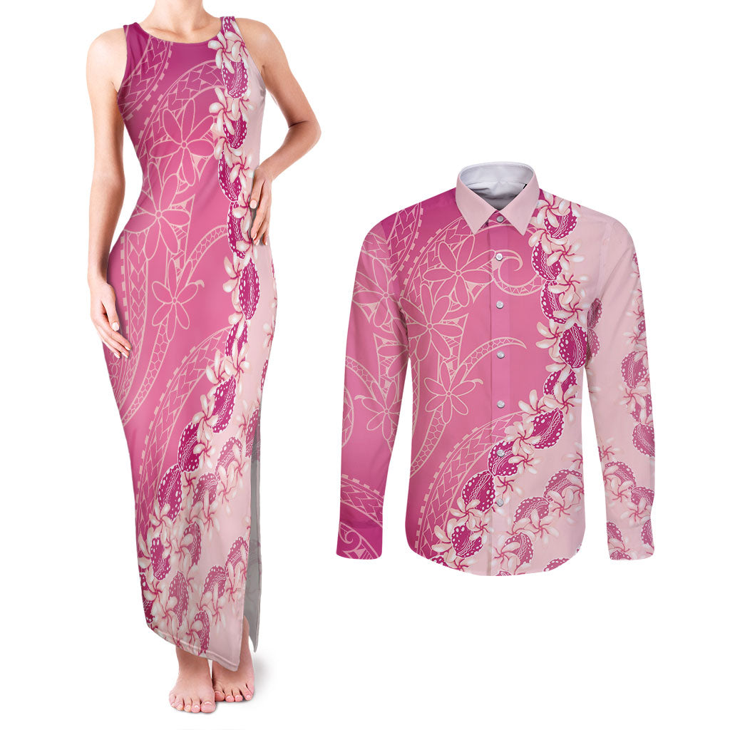 Heiva i Tahiti Couples Matching Tank Maxi Dress and Long Sleeve Button Shirt Tahitian Tiare Maori Cowrie Lei Pink