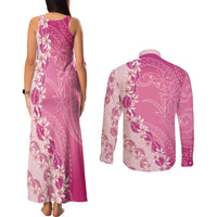Heiva i Tahiti Couples Matching Tank Maxi Dress and Long Sleeve Button Shirt Tahitian Tiare Maori Cowrie Lei Pink LT14 - Polynesian Pride