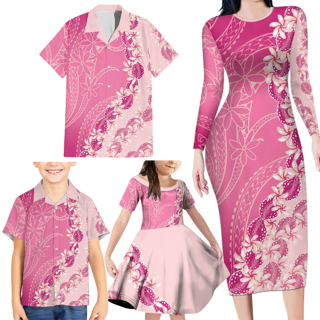 Heiva i Tahiti Family Matching Long Sleeve Bodycon Dress and Hawaiian Shirt Tahitian Tiare Maori Cowrie Lei Pink
