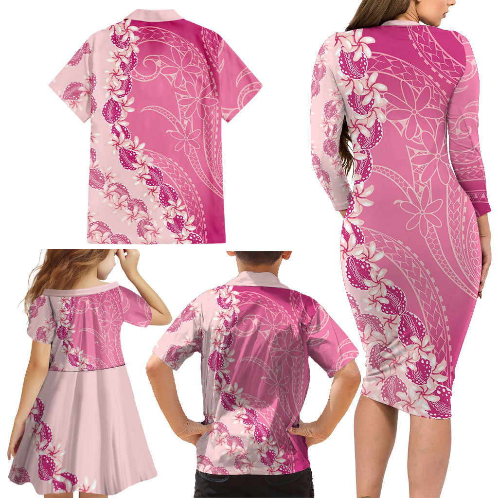 Heiva i Tahiti Family Matching Long Sleeve Bodycon Dress and Hawaiian Shirt Tahitian Tiare Maori Cowrie Lei Pink LT14 - Polynesian Pride