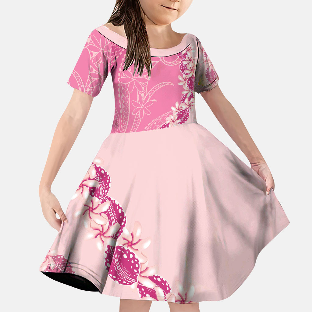 Heiva i Tahiti Family Matching Summer Maxi Dress and Hawaiian Shirt Tahitian Tiare Maori Cowrie Lei Pink LT14 Daughter's Dress Pink - Polynesian Pride
