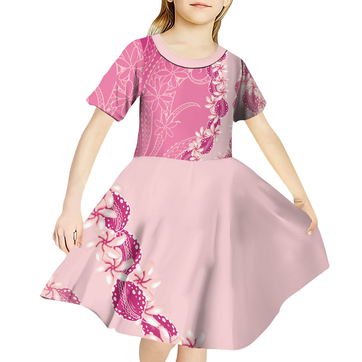 Heiva i Tahiti Kid Short Sleeve Dress Tahitian Tiare Maori Cowrie Lei Pink