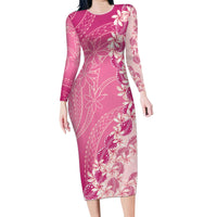 Heiva i Tahiti Long Sleeve Bodycon Dress Tahitian Tiare Maori Cowrie Lei Pink LT14 Long Dress Pink - Polynesian Pride