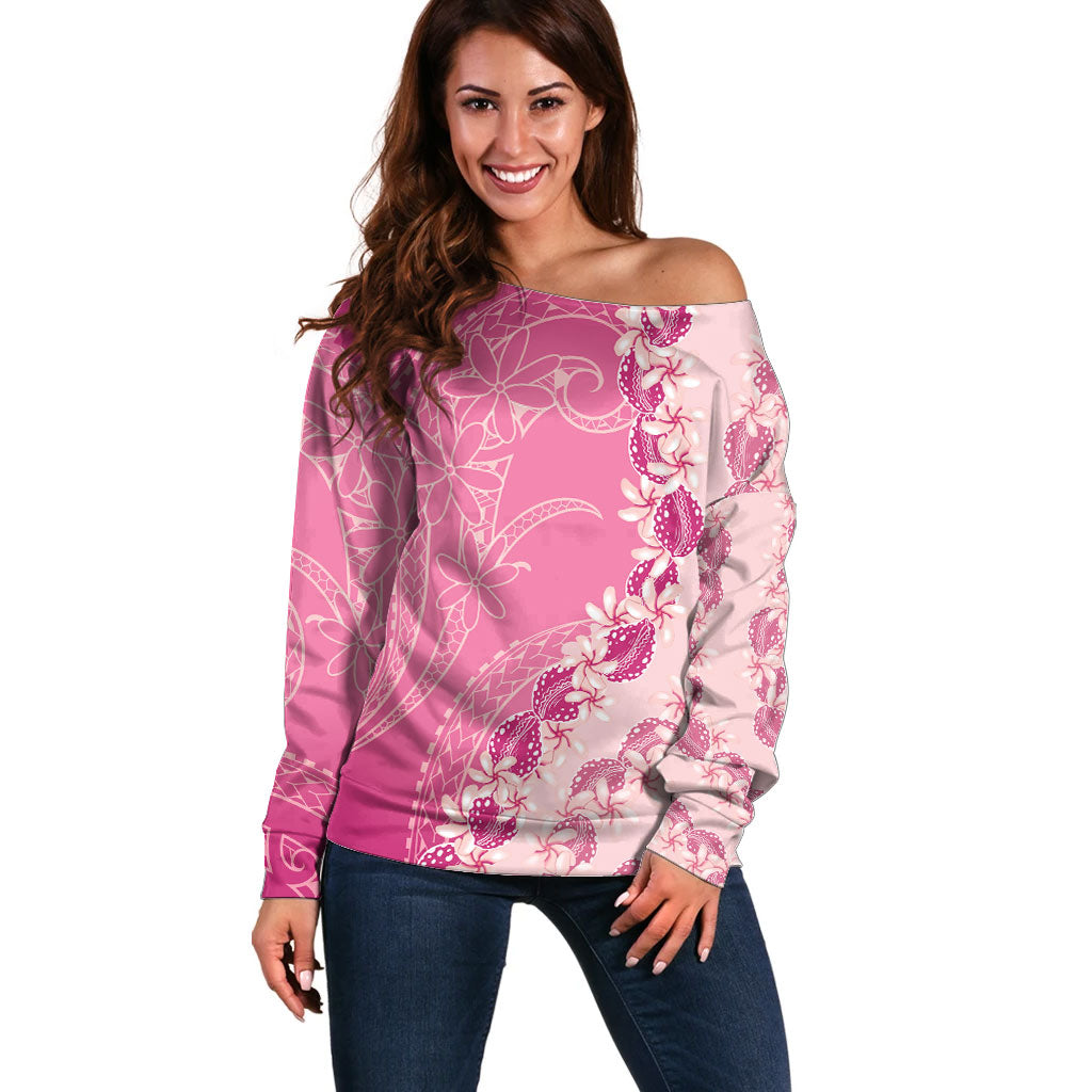 Heiva i Tahiti Off Shoulder Sweater Tahitian Tiare Maori Cowrie Lei Pink