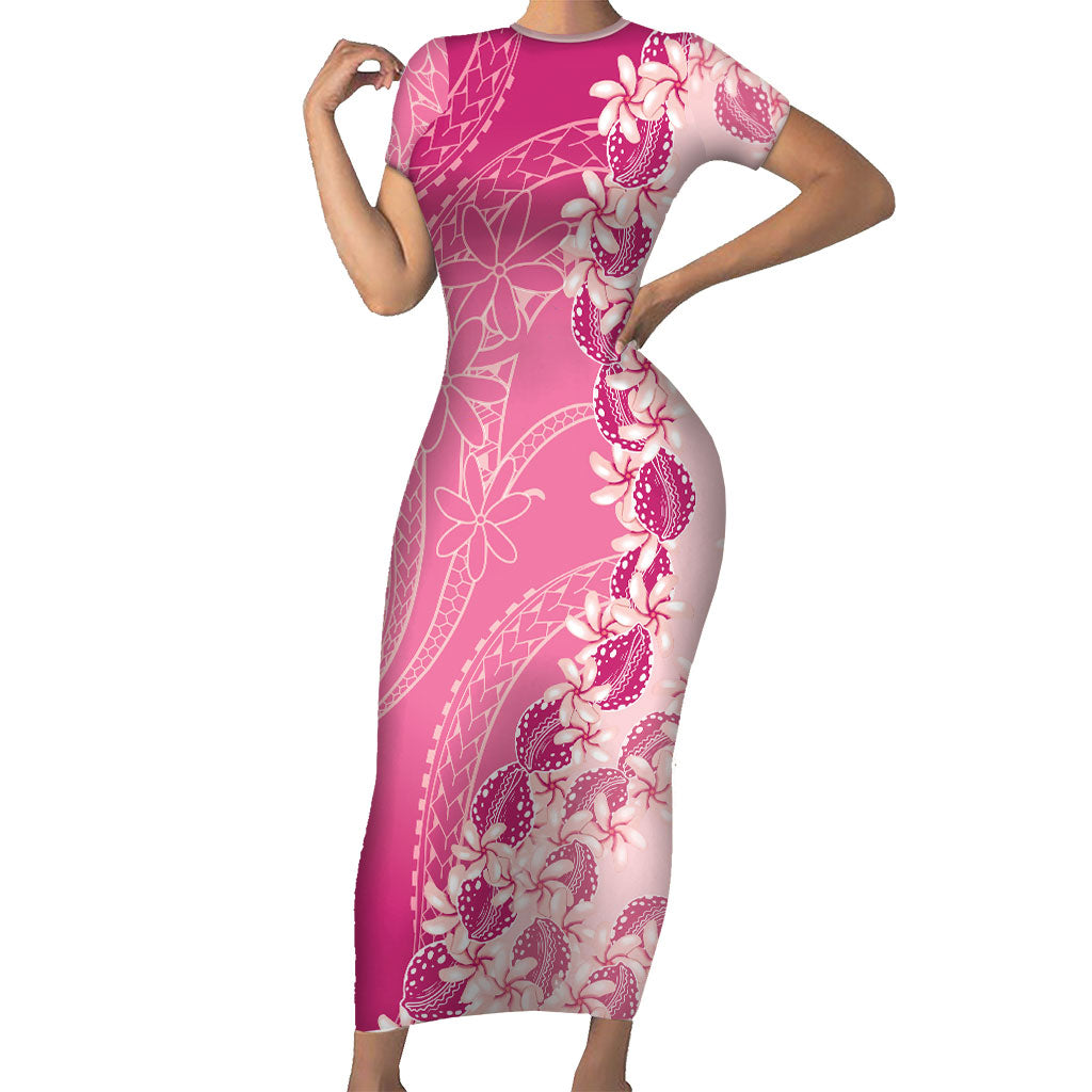 Heiva i Tahiti Short Sleeve Bodycon Dress Tahitian Tiare Maori Cowrie Lei Pink