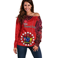20 July Atiu Island Gospel Day Off Shoulder Sweater Cook Islands Tribal Pattern LT14 Women Red - Polynesian Pride