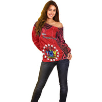 Personalised 20 July Atiu Island Gospel Day Off Shoulder Sweater Cook Islands Tribal Pattern LT14 - Polynesian Pride