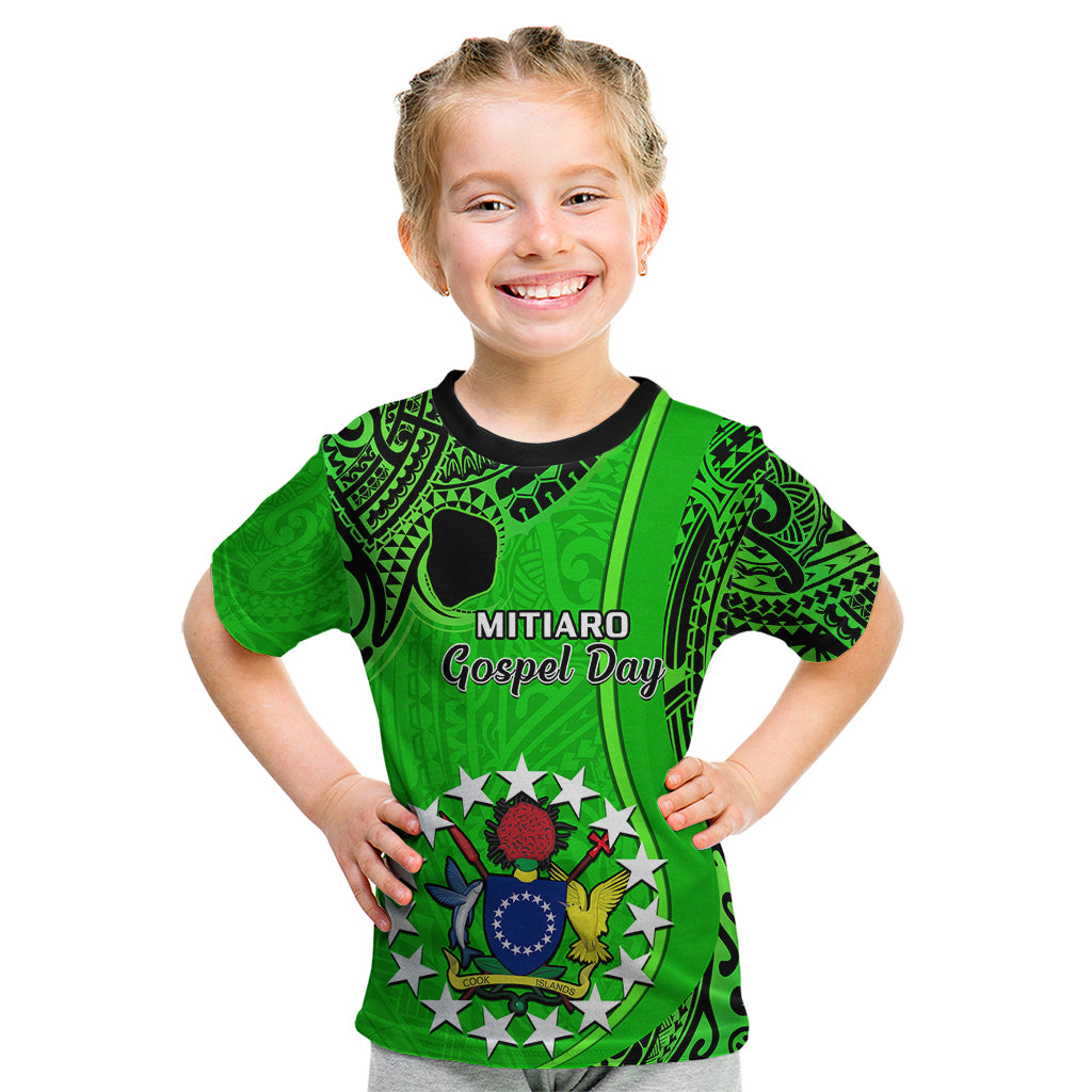 Personalised 21 July Mitiaro Island Gospel Day Kid T Shirt Cook Islands Tribal Pattern LT14 Green - Polynesian Pride