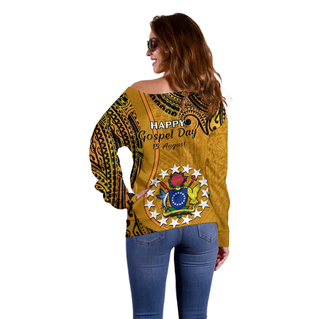 15 August Rakahanga Island Gospel Day Off Shoulder Sweater Cook Islands Tribal Pattern LT14 - Polynesian Pride