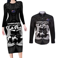 New Zealand Silver Fern Rugby Couples Matching Long Sleeve Bodycon Dress and Long Sleeve Button Shirt Haka Dance With Aotearoa Maori Pattern