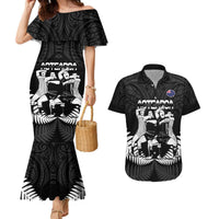 New Zealand Silver Fern Rugby Couples Matching Mermaid Dress and Hawaiian Shirt Haka Dance With Aotearoa Maori Pattern LT14 Black - Polynesian Pride