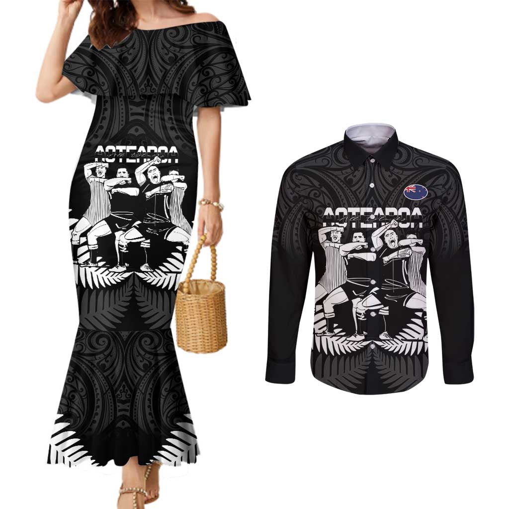 New Zealand Silver Fern Rugby Couples Matching Mermaid Dress and Long Sleeve Button Shirt Haka Dance With Aotearoa Maori Pattern