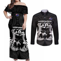 New Zealand Silver Fern Rugby Couples Matching Off Shoulder Maxi Dress and Long Sleeve Button Shirt Haka Dance With Aotearoa Maori Pattern