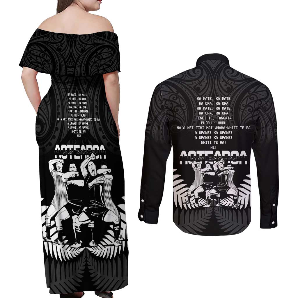 New Zealand Silver Fern Rugby Couples Matching Off Shoulder Maxi Dress and Long Sleeve Button Shirt Haka Dance With Aotearoa Maori Pattern
