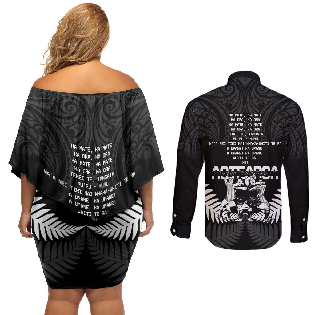 New Zealand Silver Fern Rugby Couples Matching Off Shoulder Short Dress and Long Sleeve Button Shirt Haka Dance With Aotearoa Maori Pattern