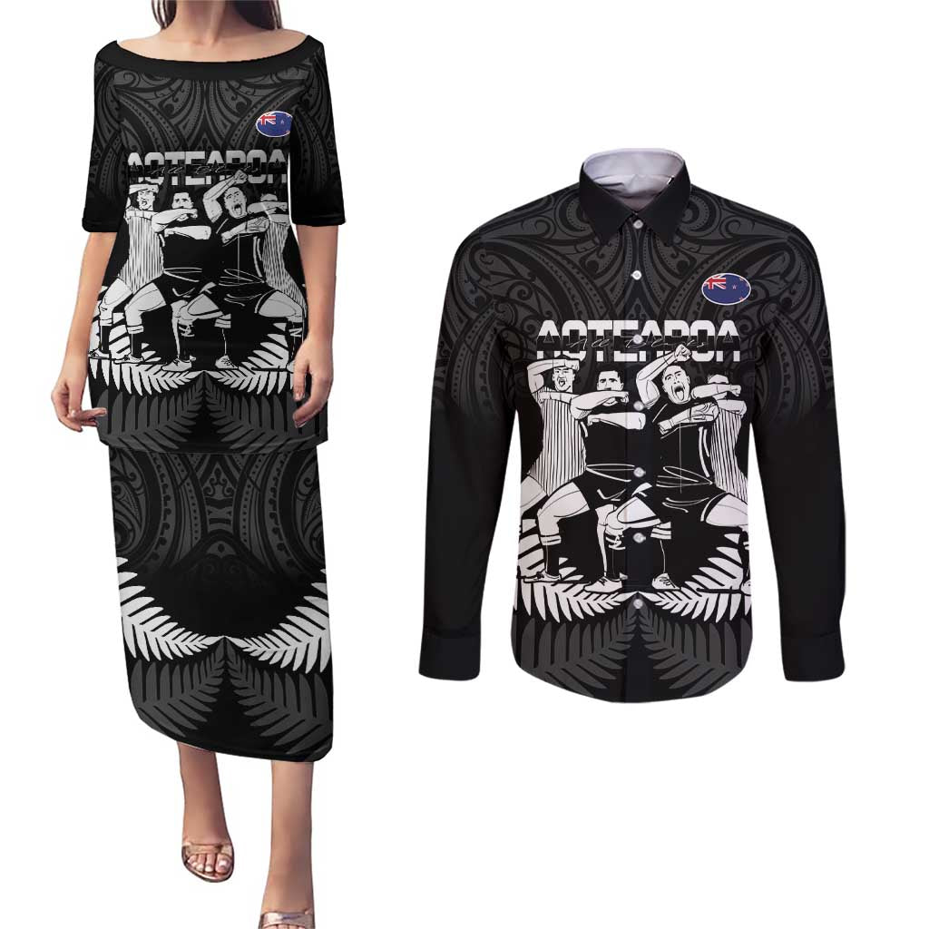 New Zealand Silver Fern Rugby Couples Matching Puletasi and Long Sleeve Button Shirt Haka Dance With Aotearoa Maori Pattern