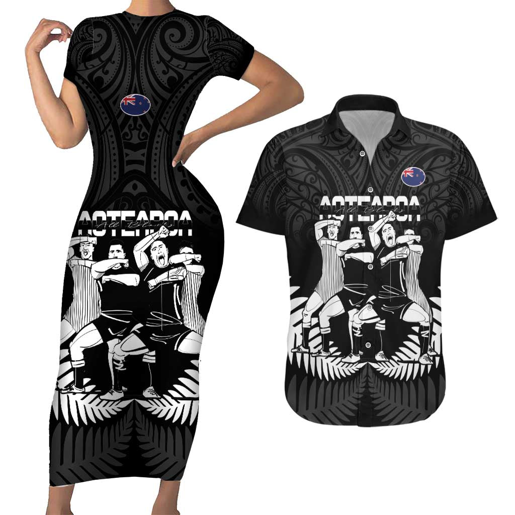 New Zealand Silver Fern Rugby Couples Matching Short Sleeve Bodycon Dress and Hawaiian Shirt Haka Dance With Aotearoa Maori Pattern LT14 Black - Polynesian Pride