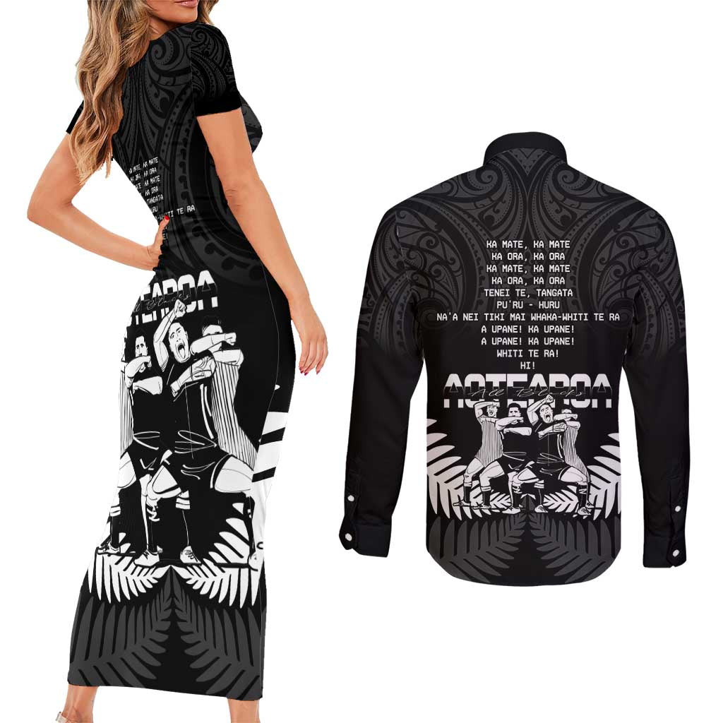 New Zealand Silver Fern Rugby Couples Matching Short Sleeve Bodycon Dress and Long Sleeve Button Shirt Haka Dance With Aotearoa Maori Pattern