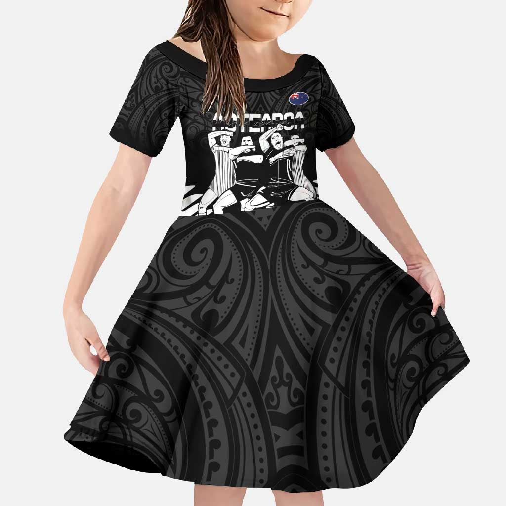 New Zealand Silver Fern Rugby Family Matching Long Sleeve Bodycon Dress and Hawaiian Shirt Haka Dance With Aotearoa Maori Pattern LT14 Daughter's Dress Black - Polynesian Pride