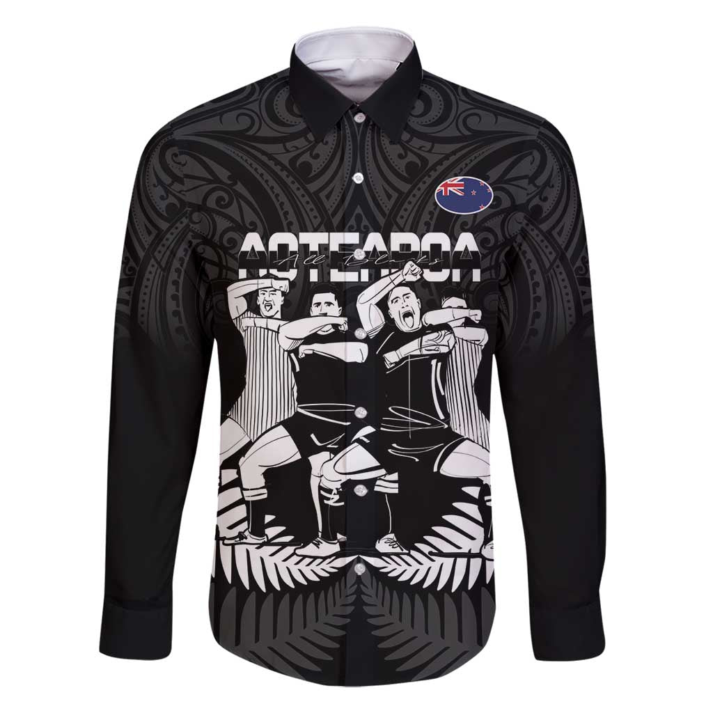 New Zealand Silver Fern Rugby Family Matching Long Sleeve Bodycon Dress and Hawaiian Shirt Haka Dance With Aotearoa Maori Pattern LT14 Dad's Shirt - Long Sleeve Black - Polynesian Pride