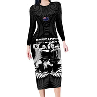 New Zealand Silver Fern Rugby Family Matching Long Sleeve Bodycon Dress and Hawaiian Shirt Haka Dance With Aotearoa Maori Pattern LT14 Mom's Dress Black - Polynesian Pride