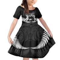 New Zealand Silver Fern Rugby Family Matching Mermaid Dress and Hawaiian Shirt Haka Dance With Aotearoa Maori Pattern LT14 Daughter's Dress Black - Polynesian Pride