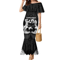 New Zealand Silver Fern Rugby Family Matching Mermaid Dress and Hawaiian Shirt Haka Dance With Aotearoa Maori Pattern LT14 Mom's Dress Black - Polynesian Pride