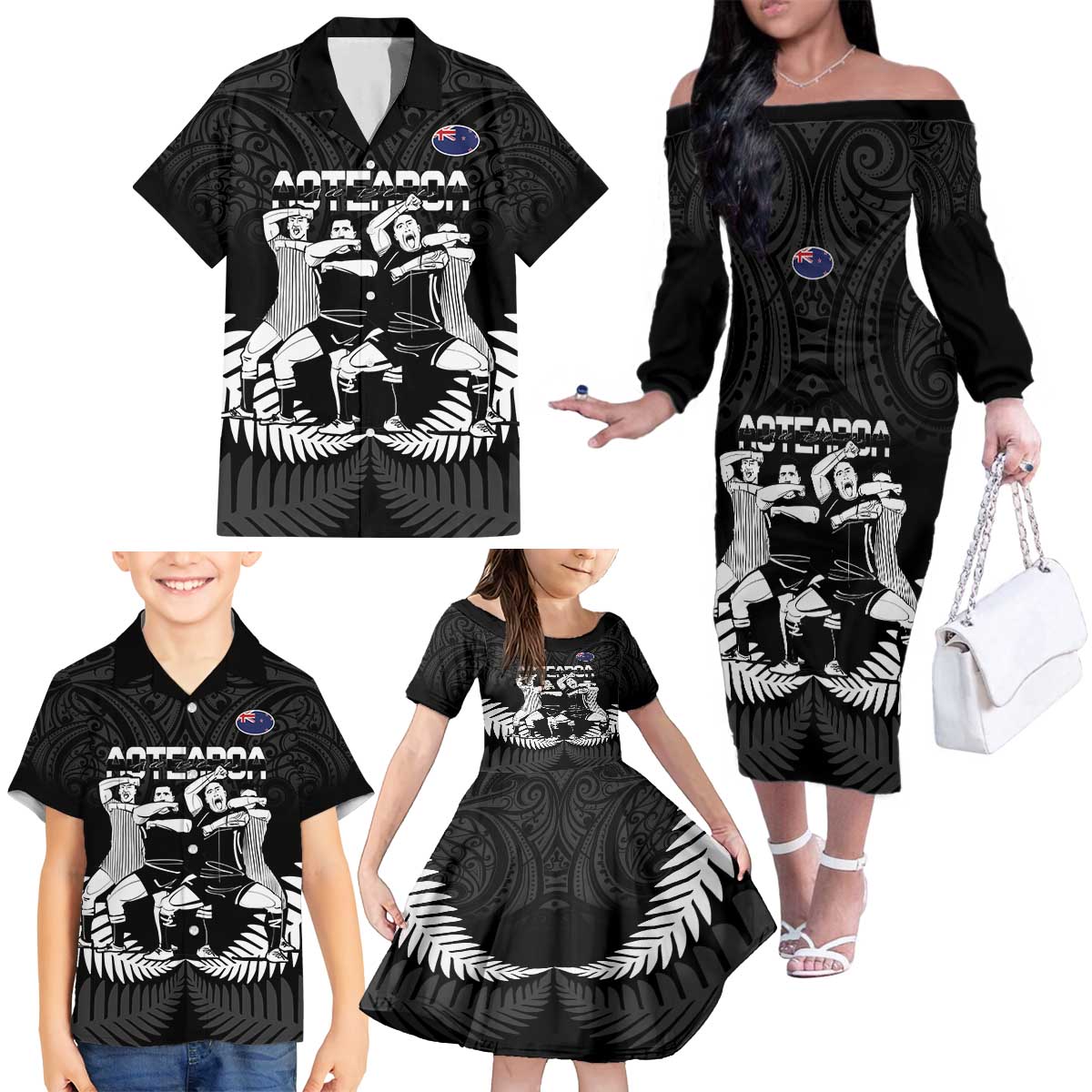 New Zealand Silver Fern Rugby Family Matching Off The Shoulder Long Sleeve Dress and Hawaiian Shirt Haka Dance With Aotearoa Maori Pattern LT14 - Polynesian Pride