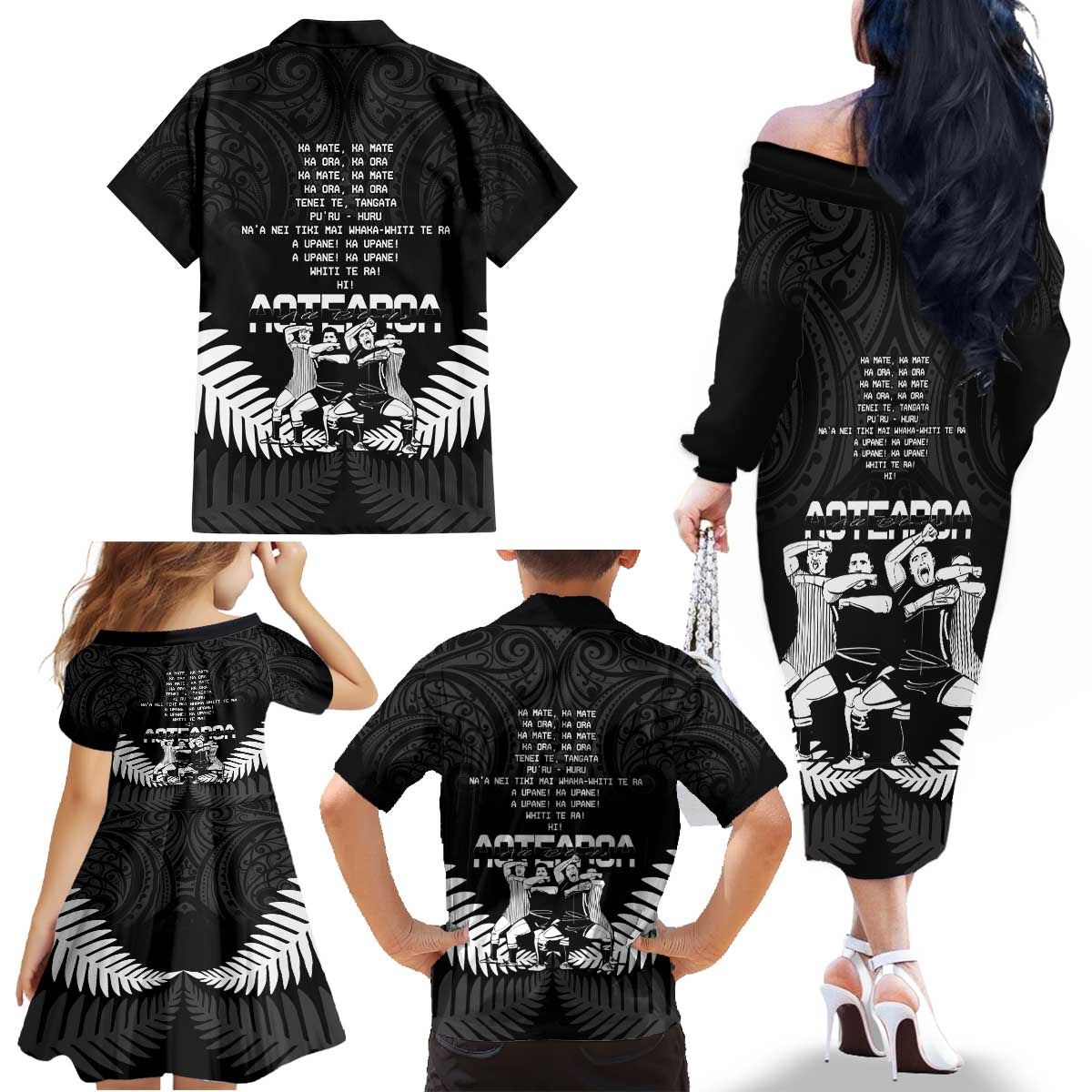 New Zealand Silver Fern Rugby Family Matching Off The Shoulder Long Sleeve Dress and Hawaiian Shirt Haka Dance With Aotearoa Maori Pattern LT14 - Polynesian Pride