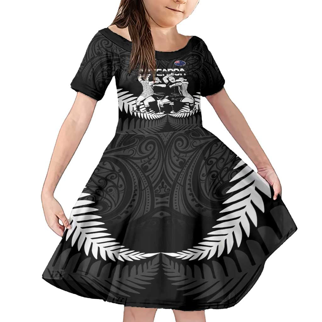 New Zealand Silver Fern Rugby Family Matching Off Shoulder Maxi Dress and Hawaiian Shirt Haka Dance With Aotearoa Maori Pattern LT14 Daughter's Dress Black - Polynesian Pride