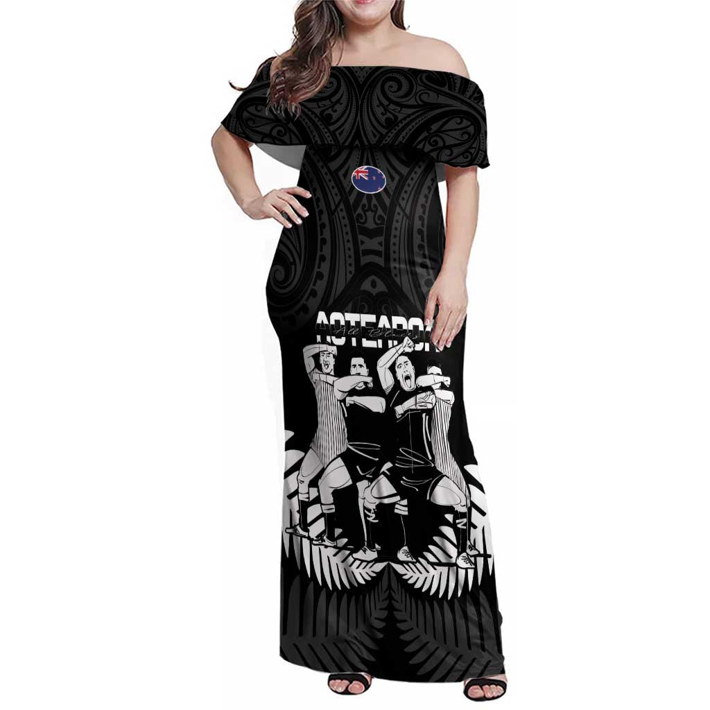New Zealand Silver Fern Rugby Family Matching Off Shoulder Maxi Dress and Hawaiian Shirt Haka Dance With Aotearoa Maori Pattern LT14 Mom's Dress Black - Polynesian Pride